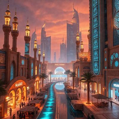 The primary subject of the image is a futuristic cityscape with a large, illuminated building in the background. The setting is a city street with a mix of vehicles, including cars and boats, and a variety of people walking around. The visual style is a combination of photo and digital art, creating a unique and captivating atmosphere. The colors and mood are predominantly blue, with a touch of orange, giving the scene a futuristic and vibrant feel.